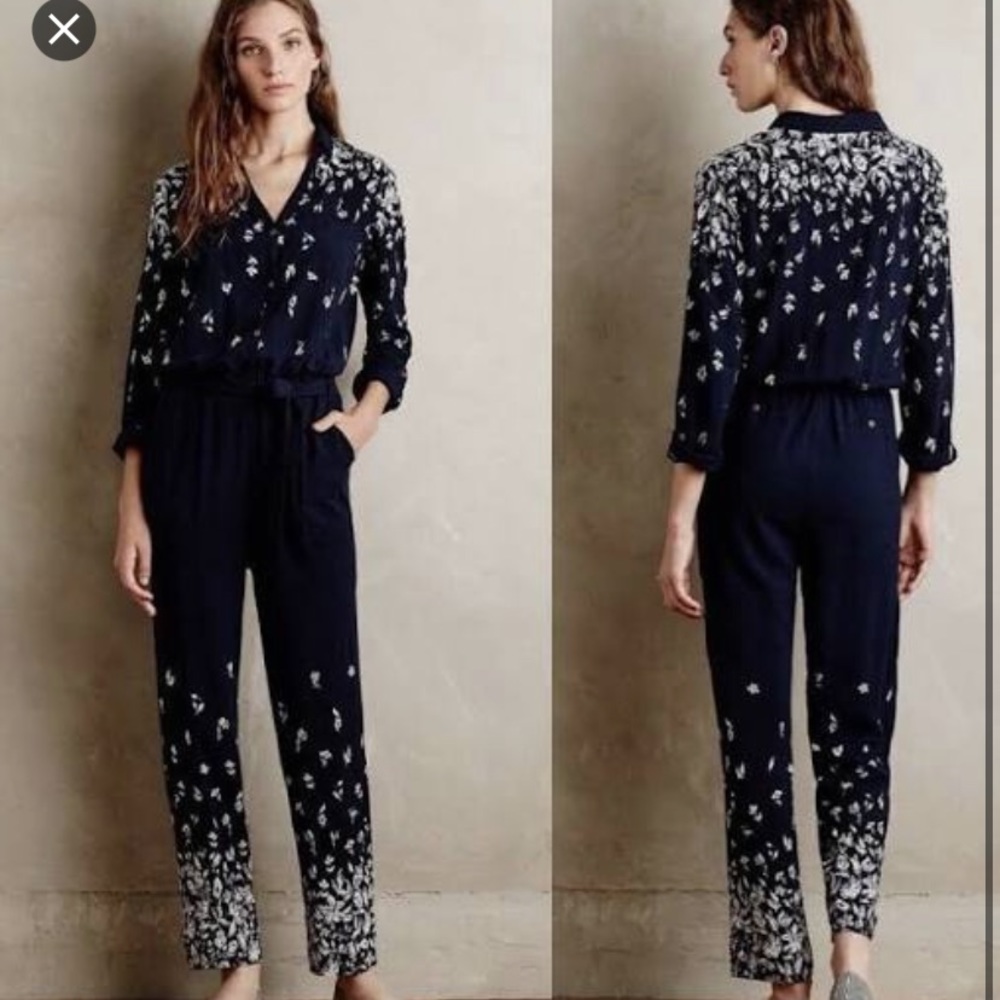 Anthropologie Lilka Navy Jumpsuit w Floral Detail